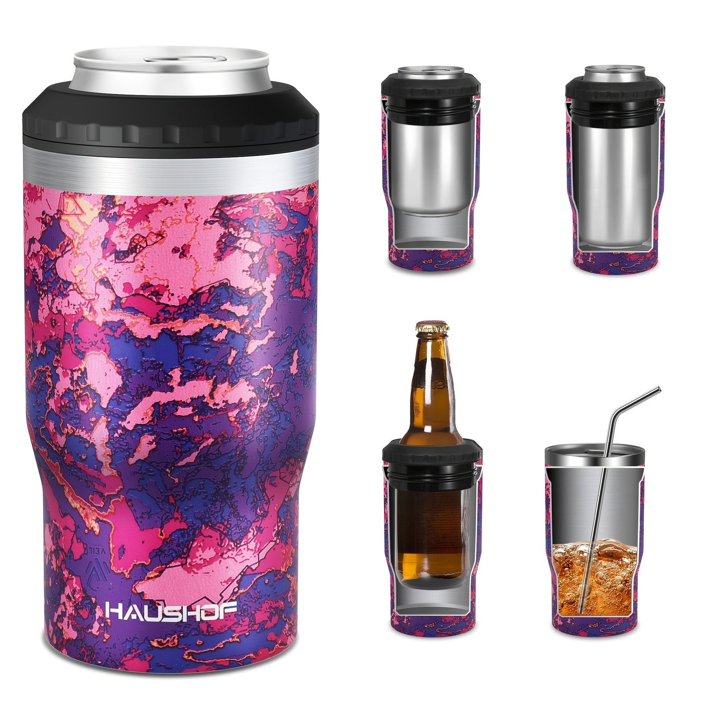 Can Cooler Insulated Stainless Steel 4-in-1 for 12 oz Standard Slim Can & Beer Bottle – Double Wall Sweat-Proof Beer Koozie for Camping