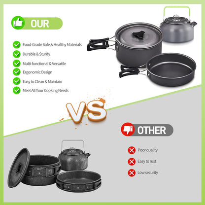 Camping Cookware Set, 19- or 27-Piece Coated Aluminum Mess Kit with Pot, Pan, Kettle, Cups, Plates and Cutlery