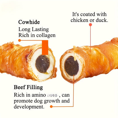 Dog Chew Treats Chicken & Duck Wrapped Cowhide Sticks – High Protein Beef Skin Stuffed Snacks, Long-Lasting, Easy to Digest
