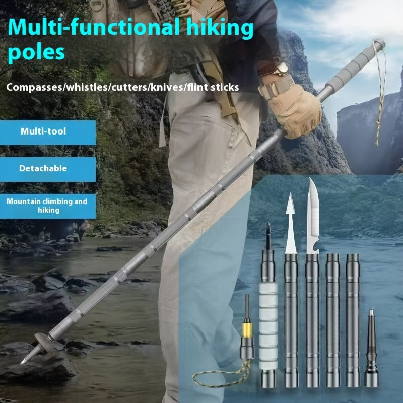 7-in-1 Tactical Hiking Staff – Extendable Foldable Survival Walking Stick with Compass, Fire Starter, Saw Blade, Screwdriver & Pliers