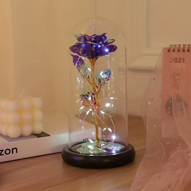 LED Rose Flower in Glass Dome, Eternal Foil Rose with LED Light, Romantic Valentine's Day Gift for Girlfriend