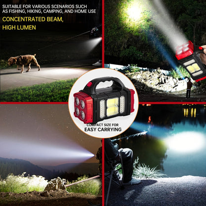 Solar Camping Lantern and Flashlight with COB Side Panels, Front Spotlights, Carry Handle and USB Port