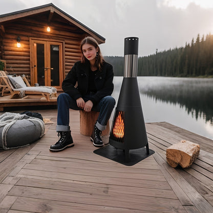 Outdoor Fire Pit Heater with Chimney Design 45-Inch Sitting Height Wood Burning Patio Stove with Mat