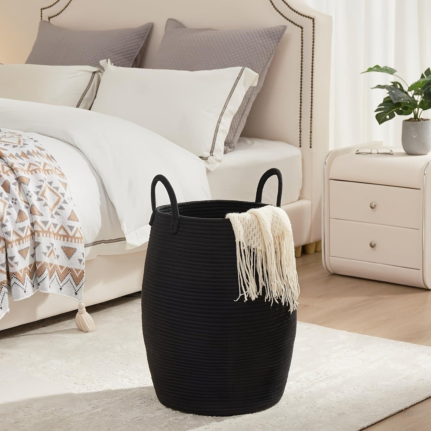 Laundry Basket Foldable Boho Hamper 22" Tall Oval Fabric with Long Handles Decorative Tassels Bedroom Bathroom Closet Storage