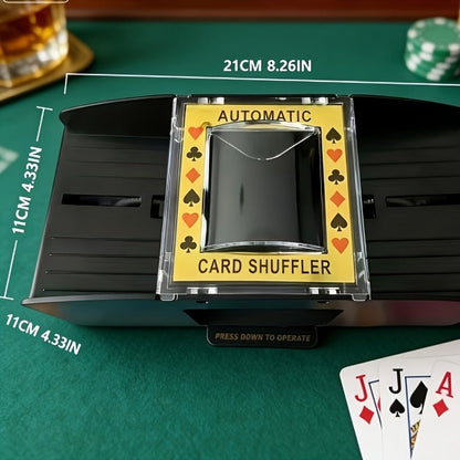 Automatic Playing Card Shuffler for 2, 4 or 6 Decks with One-Button Battery Operation and Transparent Card Chambers