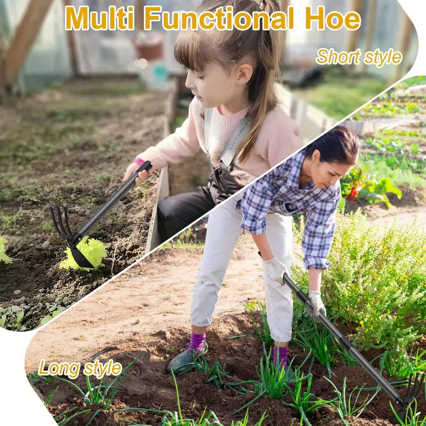 60-Inch Garden Hand Tool with Double-Ended Flat Hoe, Three-Prong Cultivator and Sectional Handle