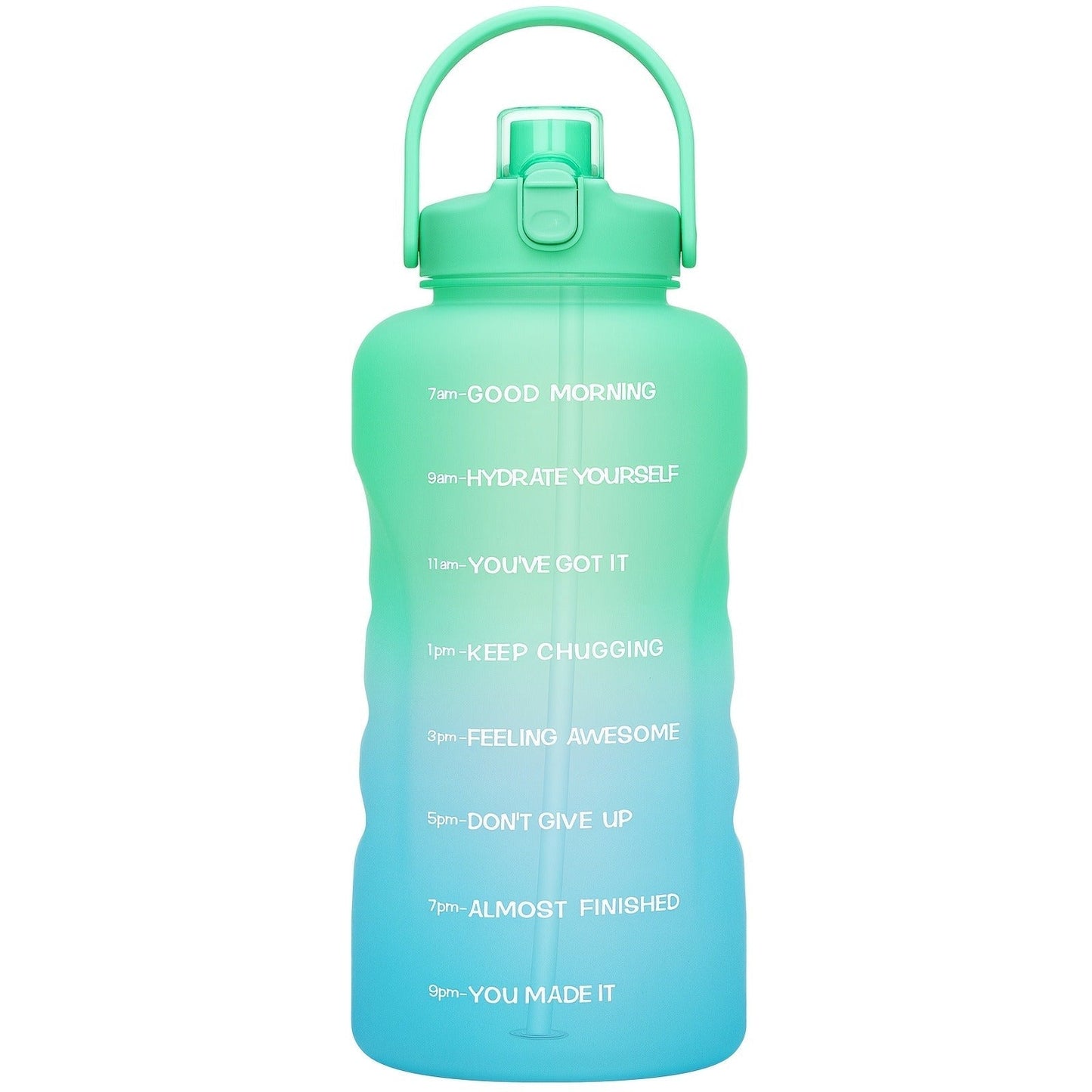 128oz Water Bottle Jug with Time Markers, Handled Flip-Top Straw Lid and Seven Color Treatments