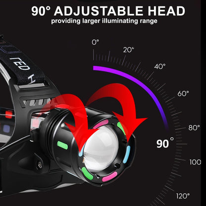 2000LM-Labeled Rechargeable Zoom Headlamp with Four Modes, 400m Beam Label, Rear Red Lamp and 90° Tilt