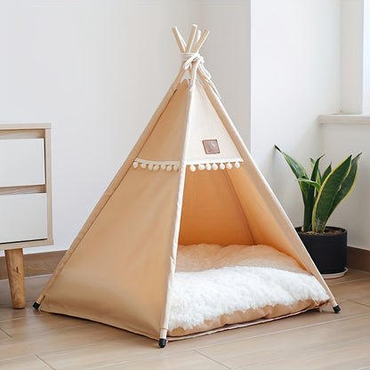 Pet Teepee Bed with Cushion – Linen Fabric Cat & Dog Tent, Dome-Shaped All-Season Indoor Outdoor House, Padded & Sturdy Frame