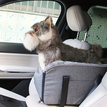 Open-Top Pet Carrier Car Seat Tote with Padded Rim, Attachment Straps, Interior Clip and Grey Fabric Exterior