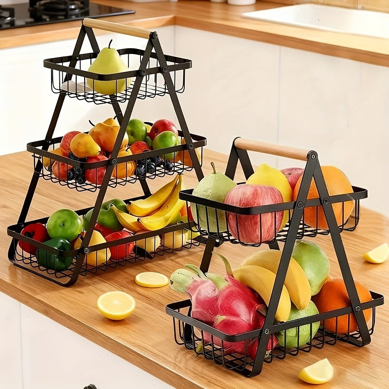 Fruit Basket Kitchen Organizer 2 or 3 Tier Metal Stand with Removable Wooden Handles for Countertop