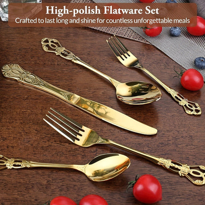 Stainless Steel Flatware Set – Vintage Royal Golden & Silver Silverware Set for 6, Rust-Resistant Dishwasher Safe Cutlery with Forks