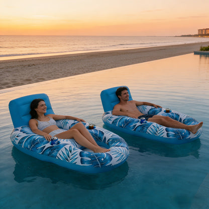 Two-Piece Inflatable Pool Lounge Float Set, 59.1 x 36.2 Inches Each with Backrests and Dual Cup Holders