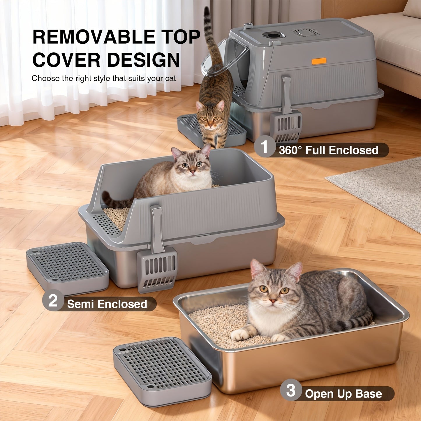 Extra Large Enclosed Cat Litter Box – Stainless Steel with Front Flap Door, Foldable Anti-Splash Fully Covered Design