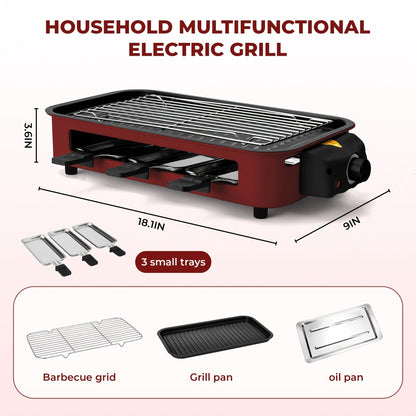 Indoor Smokeless Electric Grill 1500W Non-Stick Raclette Table Grill with Removable Plate & 3 Mini Pans Compact BBQ Griddle