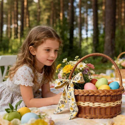 Wicker Easter Basket with Handle – Large Hand Woven Retro Basket with Ribbon for Easter Egg Hunt, Picnic, Outdoor Camping