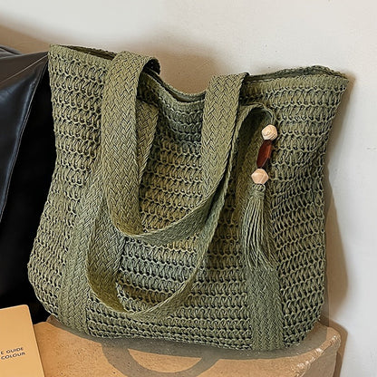 Straw Woven Tote Bag for Women with Tassel, Large Beach Storage and 3 Natural Color Options