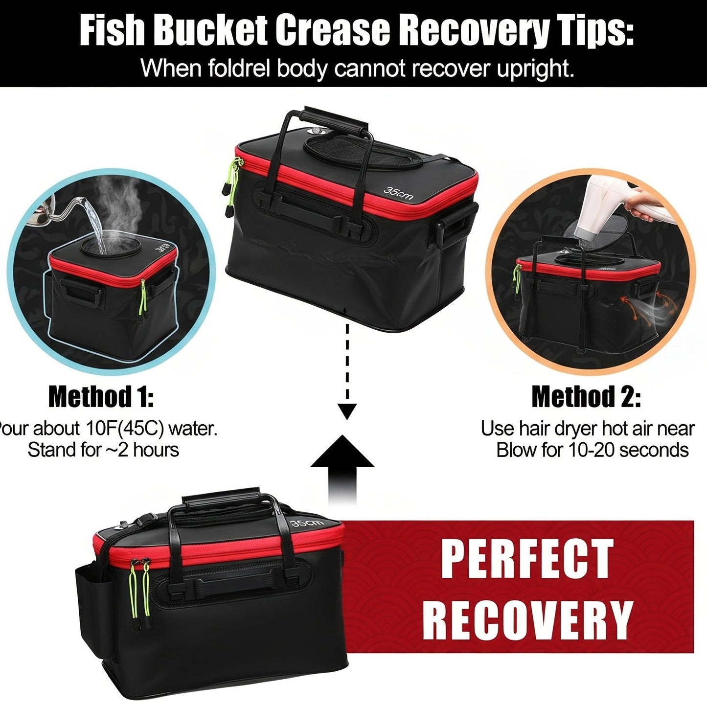 Collapsible Fishing Bucket 4 Gallon with Live Bait Aerator 2-Pack Portable EVA Foldable Bucket Quiet Aeration Ergonomic Handle Mesh Pocket