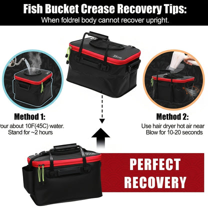 Collapsible Fishing Bucket 4 Gallon with Live Bait Aerator 2-Pack Portable EVA Foldable Bucket Quiet Aeration Ergonomic Handle Mesh Pocket