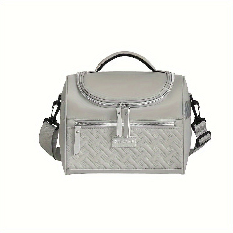 Quilted Lunch Bag Tote with Dual Zippers, Front and Side Pockets, Shoulder Strap and Four Colors