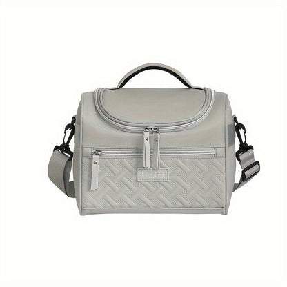 Quilted Lunch Bag Tote with Dual Zippers, Front and Side Pockets, Shoulder Strap and Four Colors