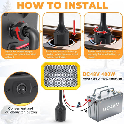 400W Electric Golf Cart Heater Carbon Fiber Fast Heating 360° Adjustable Angle Battery Powered Portable Heater with Cup Holder Adapter