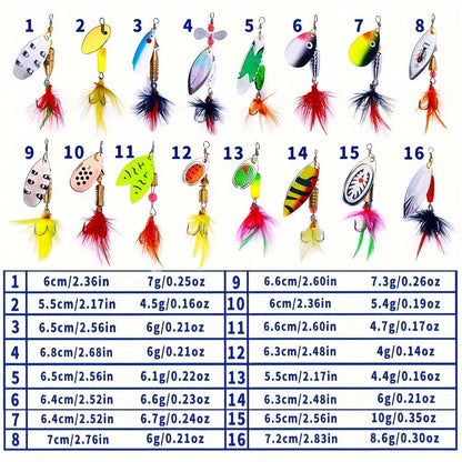 Fishing Lure Set 16-Piece Metal Spinner Spoon Baits with Feathered Single Hooks, Mixed Colors and Zipper Storage Case