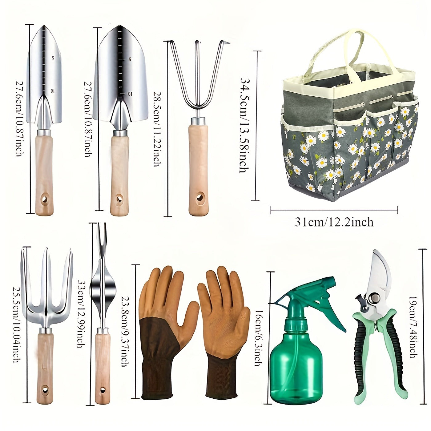Gardening Kit 9-Piece with Gloves & Carry Bag | Heavy Duty Rust-Resistant Garden Tool Set Trowel Weeder Pruner Rake | Planting Gift