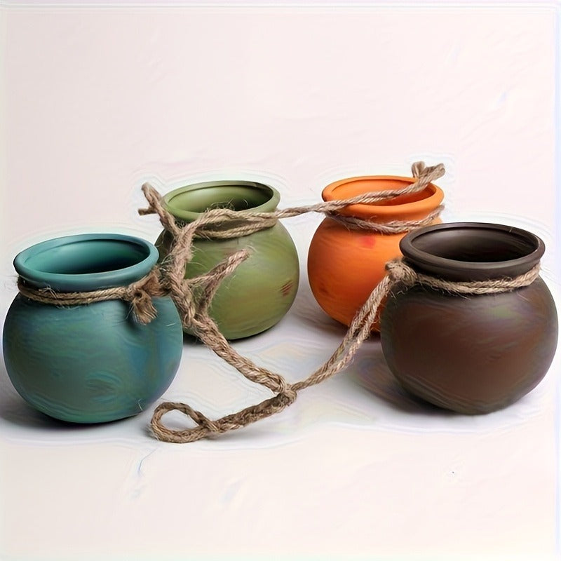 Hanging Planters Set of 4 Bohemian Geometric Porcelain Pots with Hemp Rope