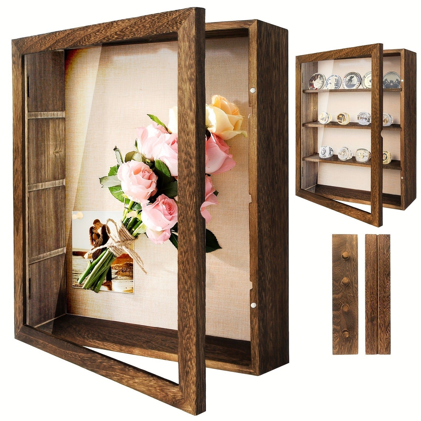 Shadow Box Frame 11x14 Large Memory Display Case with Linen Back – 4 Removable Shelves for Medals, Coins, Rings, Pins