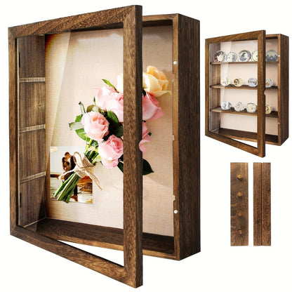 Shadow Box Frame 11x14 Large Memory Display Case with Linen Back – 4 Removable Shelves for Medals, Coins, Rings, Pins
