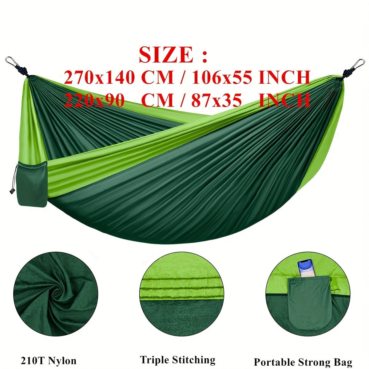 Green Lightweight Camping Hammock with 87 x 35-Inch Nylon Bed, Two Hooks, Suspension Ropes and Carry Bag