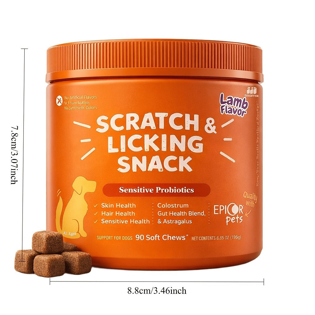 Dog Omega 3 Skin & Coat Chews 90ct – Lamb Flavor Soft Pellets with Probiotics for Itching, Scratching & Licking Relief