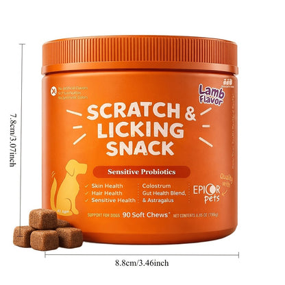 Dog Omega 3 Skin & Coat Chews 90ct – Lamb Flavor Soft Pellets with Probiotics for Itching, Scratching & Licking Relief