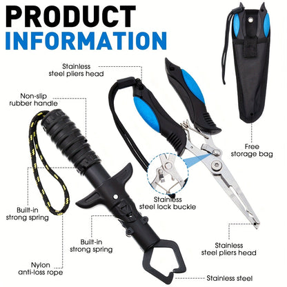Fishing Tool Kit 10-Piece – Fishing Pliers with Lanyard & Sheath, Landing Net, Fillet Knife, Fish Scale, Gripper, Hook Remover