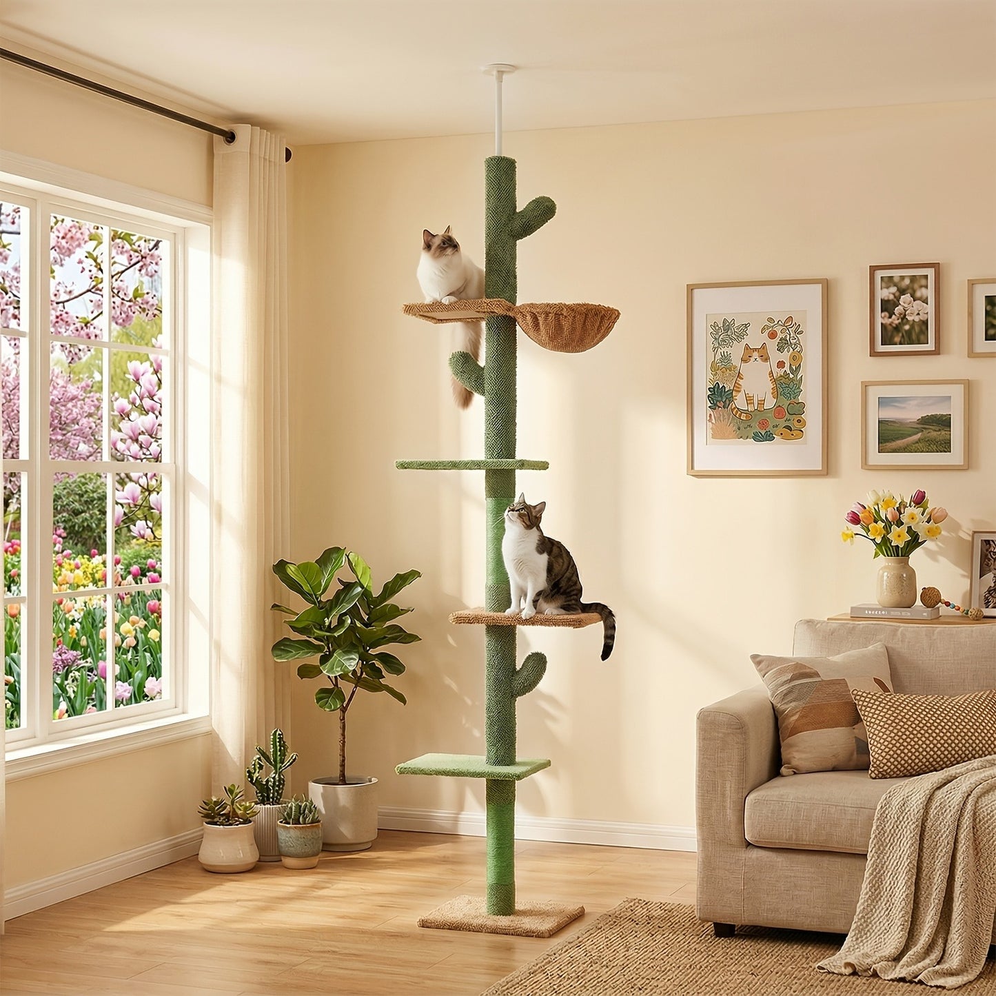 Floor to Ceiling Cat Tree Tower 90–107" – 4-Tier Tall Adjustable Cat Climbing Post with Tension Rod | Ceiling-Mounted Stable Cat Activity