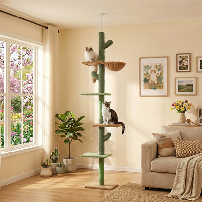 Floor to Ceiling Cat Tree Tower 90–107" – 4-Tier Tall Adjustable Cat Climbing Post with Tension Rod | Ceiling-Mounted Stable Cat Activity
