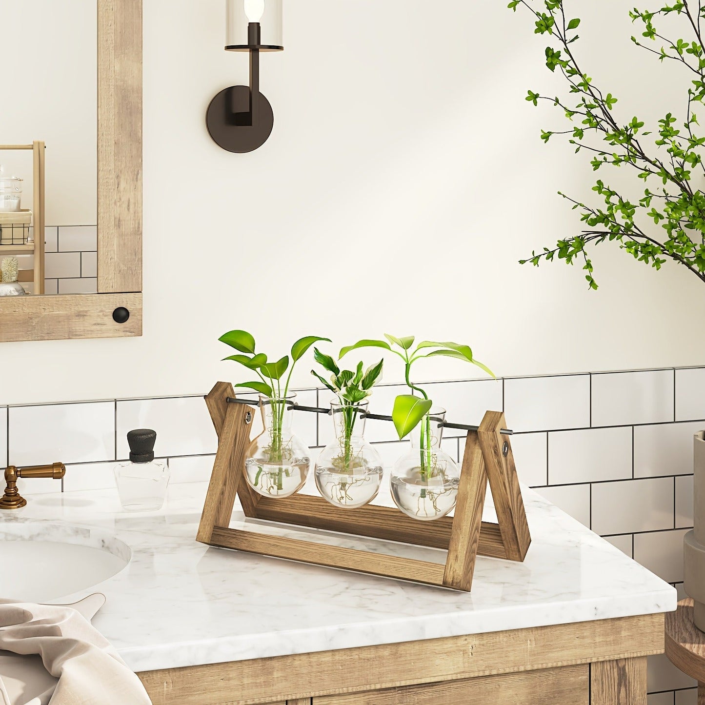Glass Terrarium Heart Shaped Hydroponic Vase with Wooden Stand – Elegant Plant Propagation Station for Home Decor