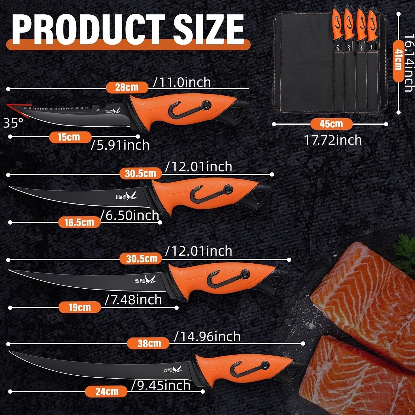 Fillet Knife Set 4-Piece – 5Cr15MoV Stainless Steel Fishing Fillet Knives (5", 6", 7", 9"), Non-Slip Rubber Handle, Serrated Bait Knife