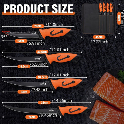 Fillet Knife Set 4-Piece – 5Cr15MoV Stainless Steel Fishing Fillet Knives (5", 6", 7", 9"), Non-Slip Rubber Handle, Serrated Bait Knife