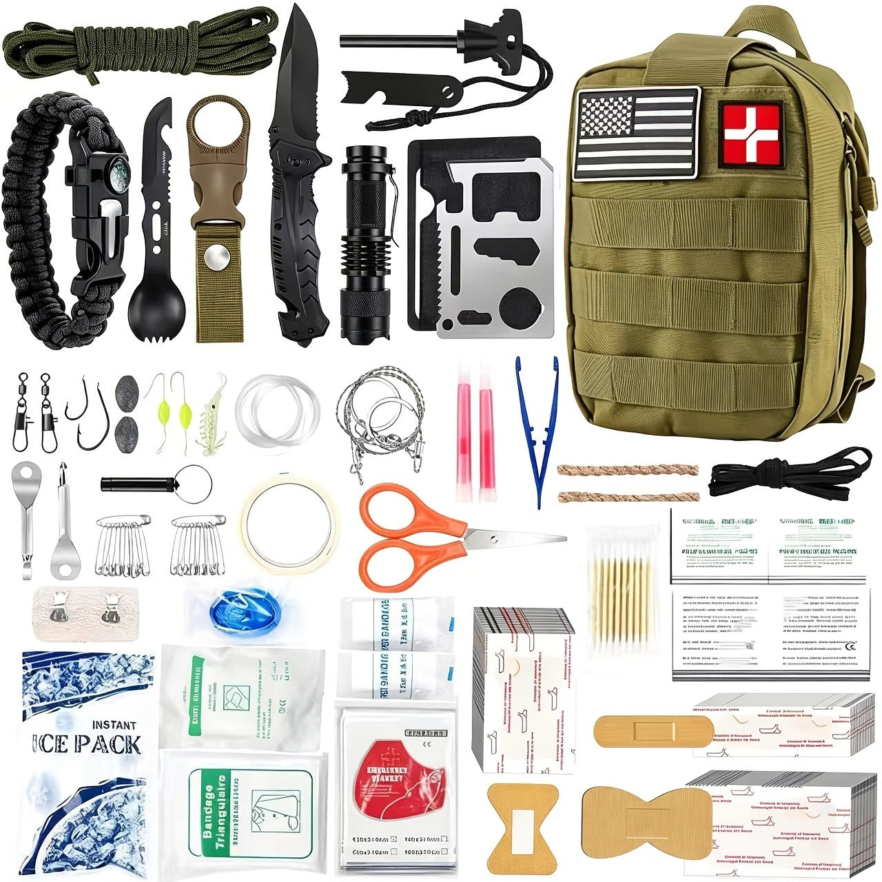 217-Piece Outdoor Tool and First Aid Supply Kit with MOLLE Bag in Nine Color-Labeled Options