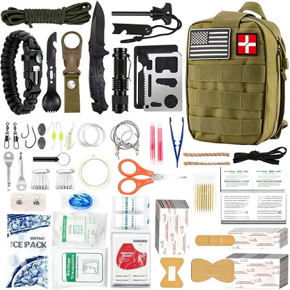 217-Piece Outdoor Tool and First Aid Supply Kit with MOLLE Bag in Nine Color-Labeled Options