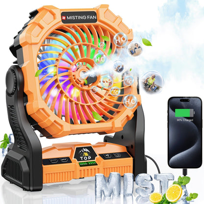 Rechargeable Camping Fan 20000mAh with Misting, Power Bank, RGB Light, 4 Speeds & Tent Hook for Outdoor Use
