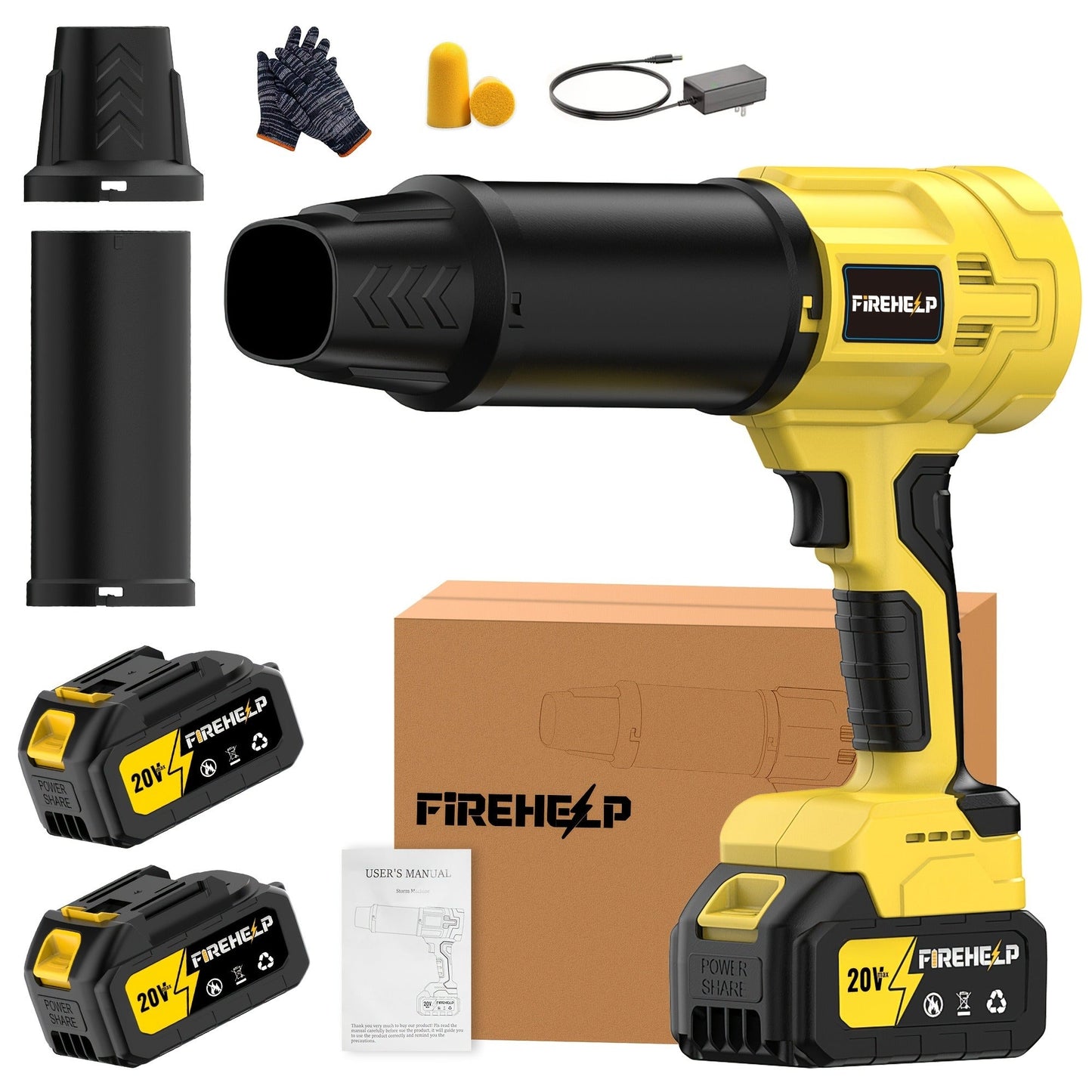 20V Cordless Leaf Blower with 50, 000 RPM Marking, Yellow or Green Body and Six Dual-Battery Package Options
