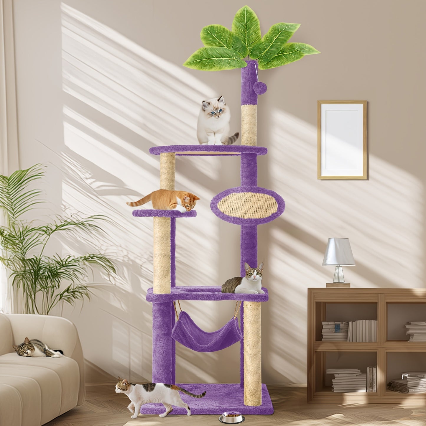 Cat Tree 55" Large Multi-Level Cat Tower for Indoor Cats with Green Leaves, Hammock, Sisal Scratching Posts & Hanging Ball Toy