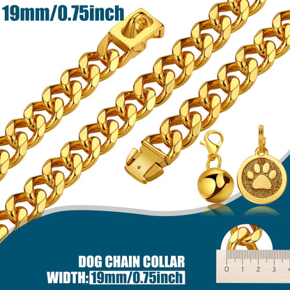 Cuban Link Dog Chain Collar – 19mm Gold Plated Stainless Steel with Snap Lock, 6 Sizes for Puppy Small Medium Large Dogs
