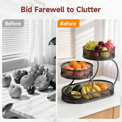 Three-Level Black Wire Fruit Basket with Two Round Bowls and 15.75-Inch Rectangular Base Tray