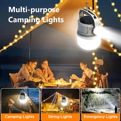 Solar LED Camping Light with Hook – 6 Modes, USB-C Rechargeable, 300LM, IPX4 Waterproof, Emergency Power Bank