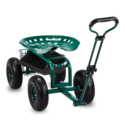 Rolling Garden Seat Cart, Backrest, Cushion, Telescopic Handle & Storage Basket, Steel Frame