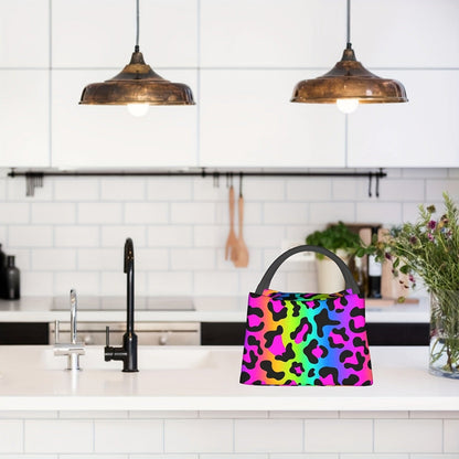 Multicolor Leopard-Print Lunch Tote with Black Handles in an 11 x 6.5 x 7-Inch Checkout Pictured